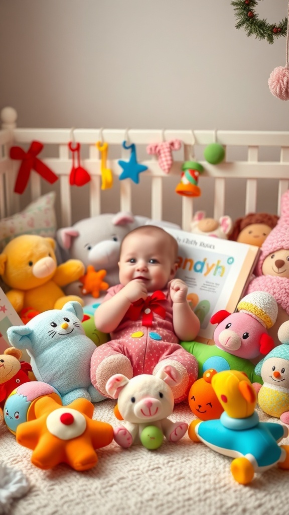 A collection of vibrant baby toys including plush toys, rattles, and books in a nursery setting.